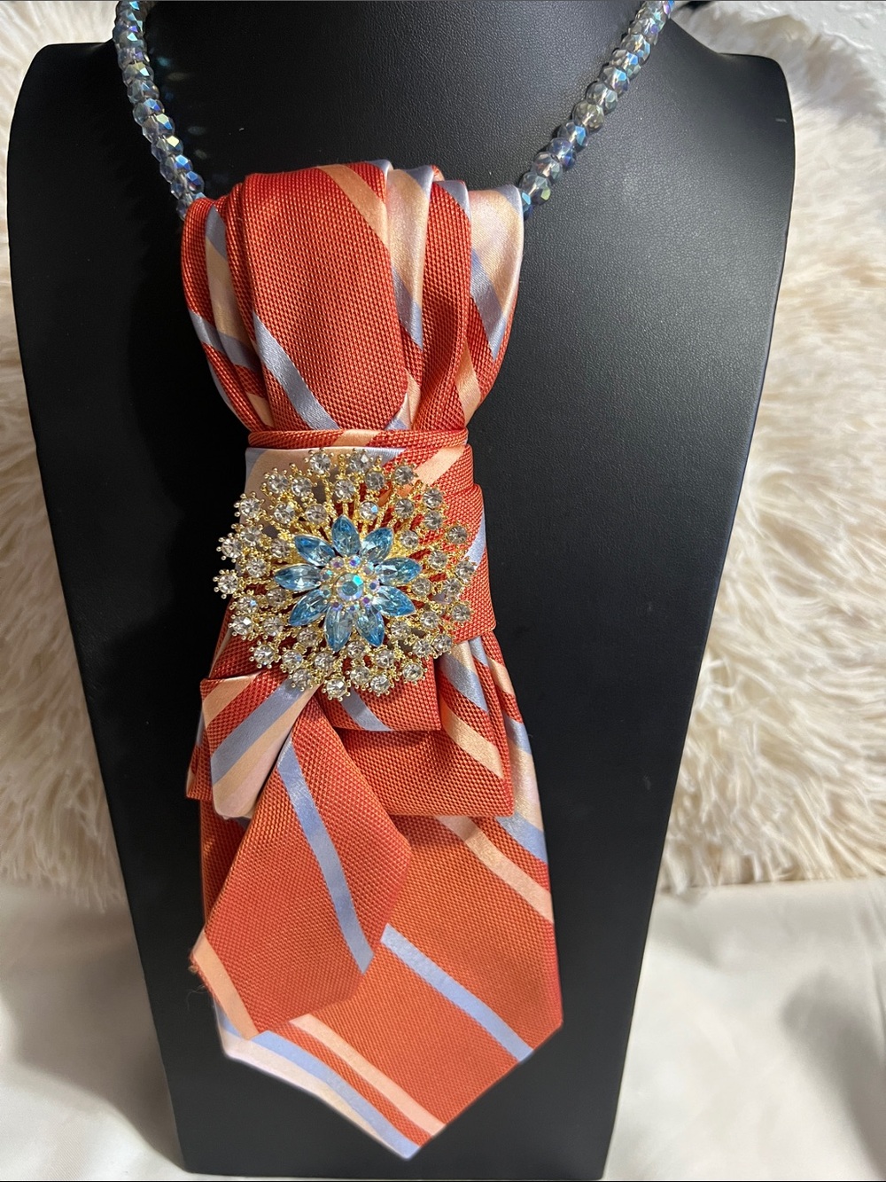 Orange Striped Necktie with Crystal Brooch